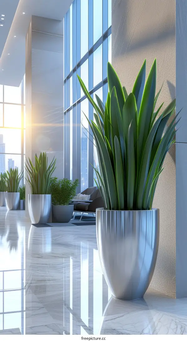 Sunlight shines through the office windows onto the floor and plants