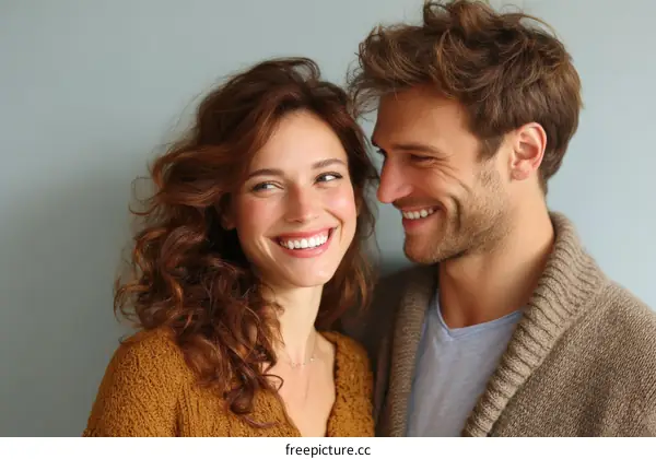 Smiling Couple Portrait Against Light Blue Background