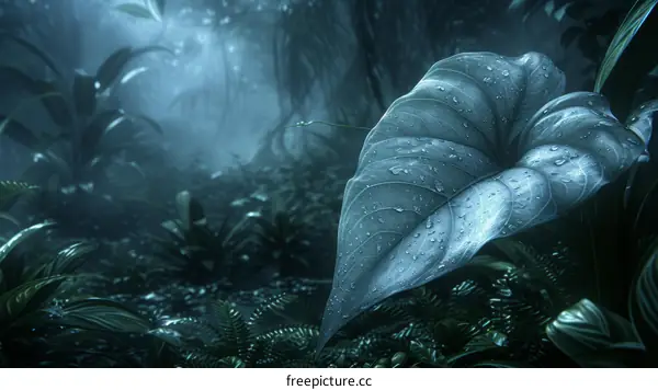 Close-up of a giant leaf in a misty jungle