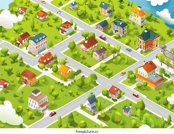 Town Isometric Illustration With Houses, Buildings, And Trees