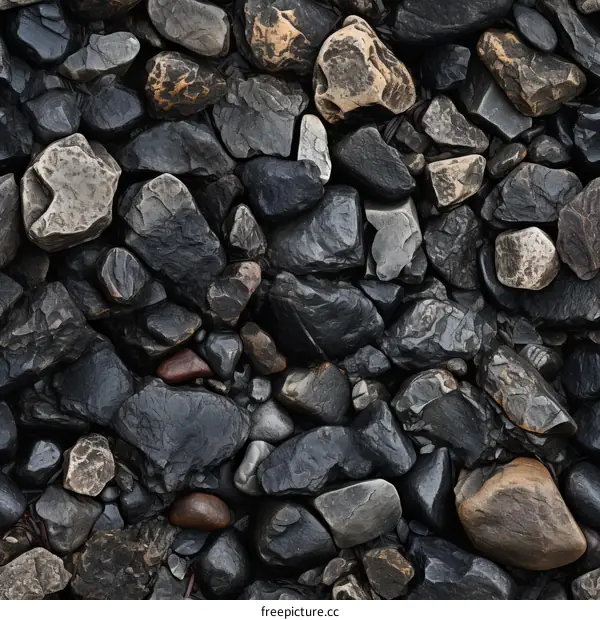 A dark background of various sized stones and pebbles