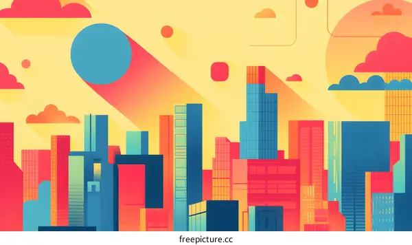 Modern Cityscape Illustration with Flat Design and Bold Colors