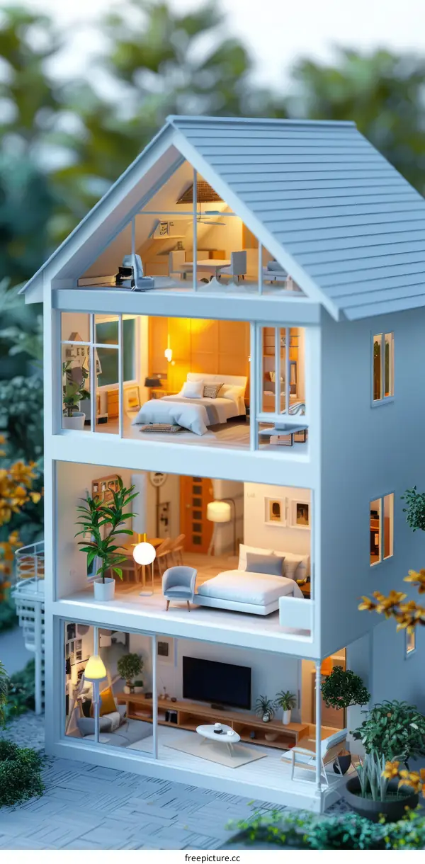 3D rendering of a three-story house with a modern interior