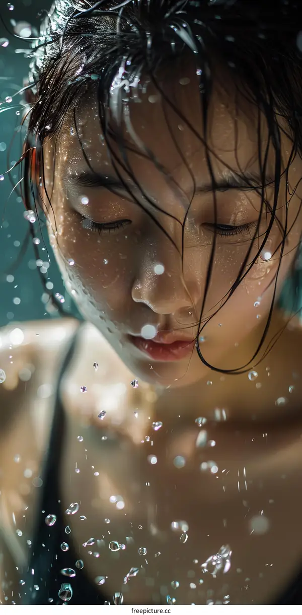 Close Up Portrait Of A Woman In Water With Drops