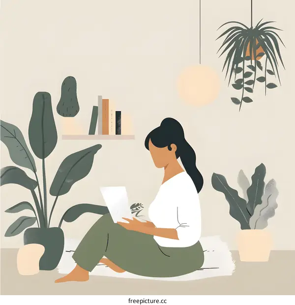 Woman Sitting on Floor with Laptop and Plants Illustration