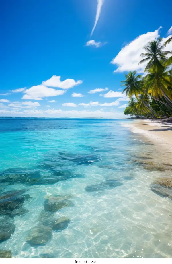Tropical Paradise Beach with Palm Trees and Crystal Clear Water