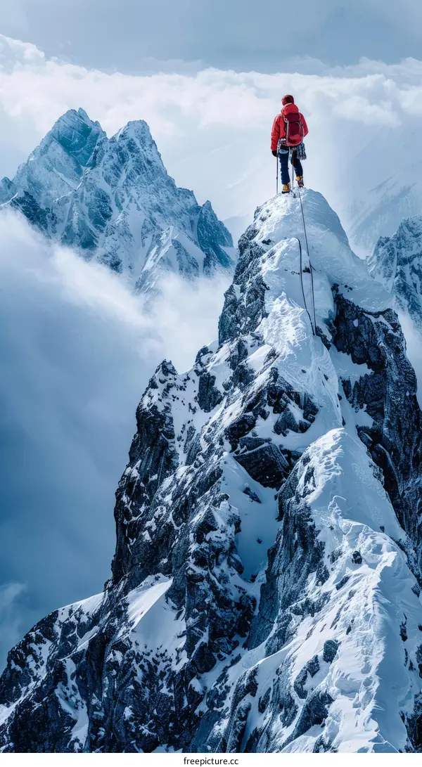 A lone mountaineer reaches the summit of a snow-capped mountain.