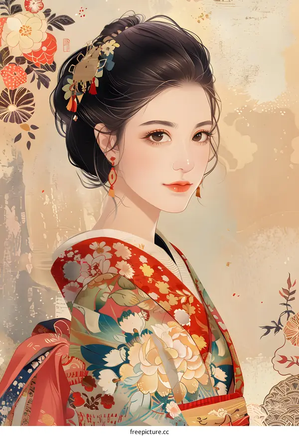 Portrait of a beautiful Asian woman in traditional Japanese kimono