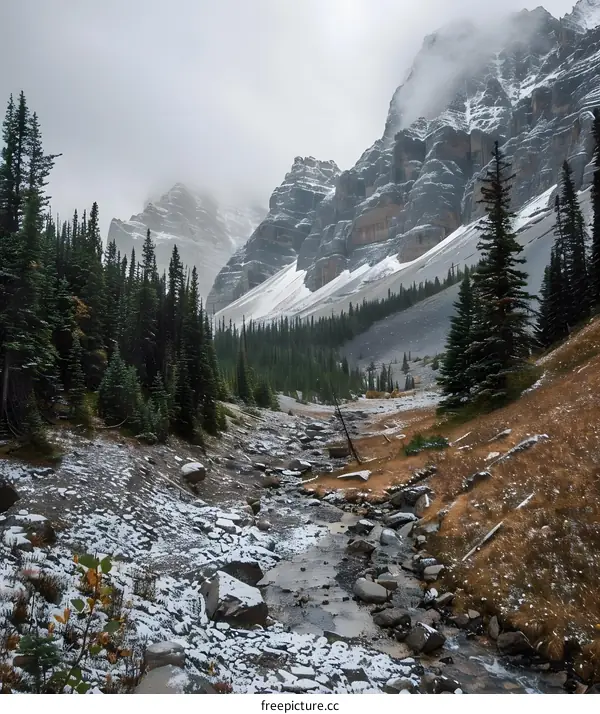 Snow Covered Mountain Valley Creek in Canada