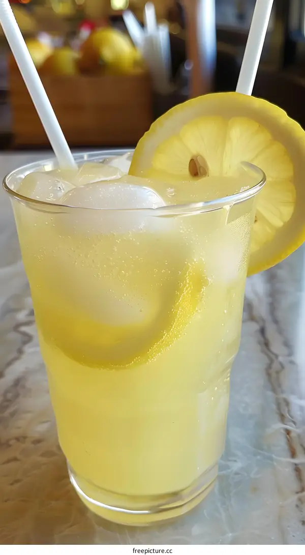 Glass of Refreshing Lemonade with Lemon Slice and Straw
