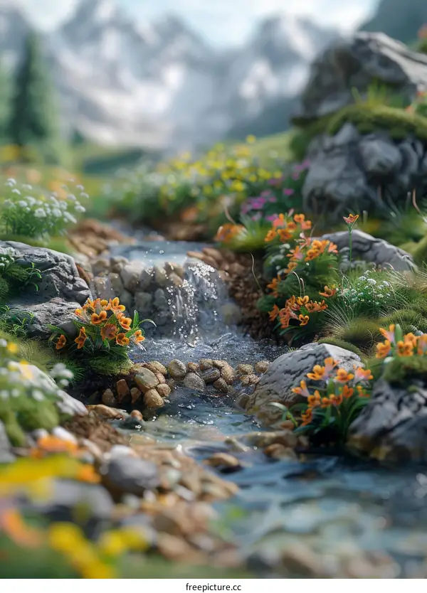 Small Stream in Lush Meadow with Flowers and Rocks