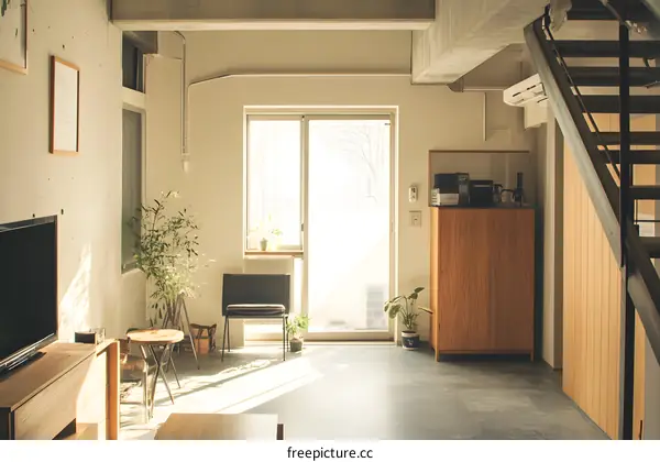 Modern Minimalist Living Room Interior Design with Sunlight Streaming Through Window