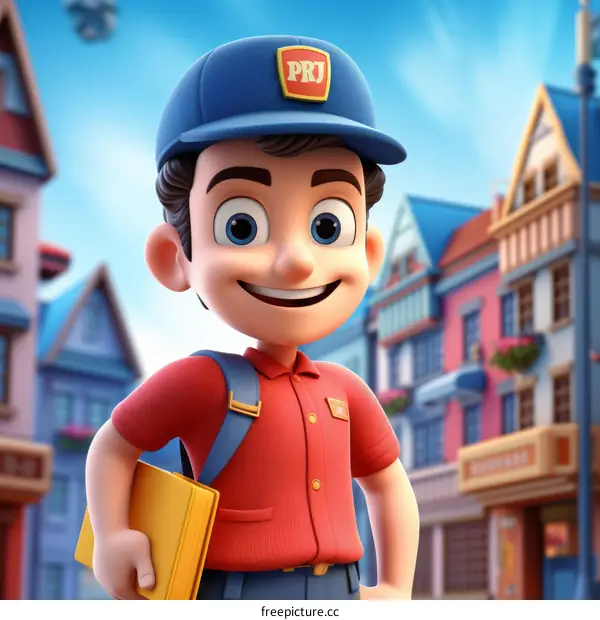 Happy mailman delivering mail in a cheerful town