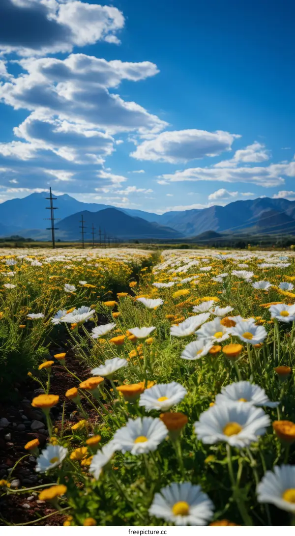 Field of daisies with mountains in the distance