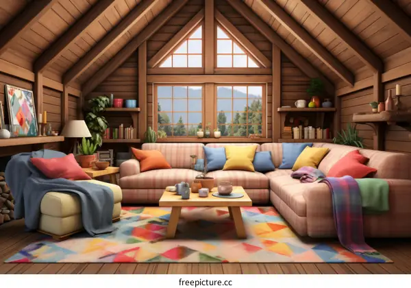 Cozy Cabin Living Room with Sofa, Rug, Coffee Table, Bookshelves, Plants, and Large Windows