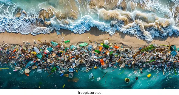 Plastic waste pollutes the ocean and coastline