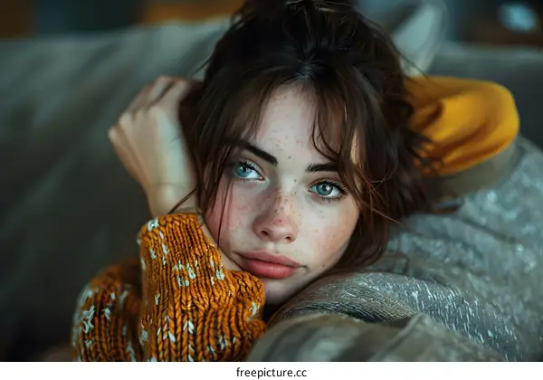 Portrait of a young woman with freckles and blue eyes