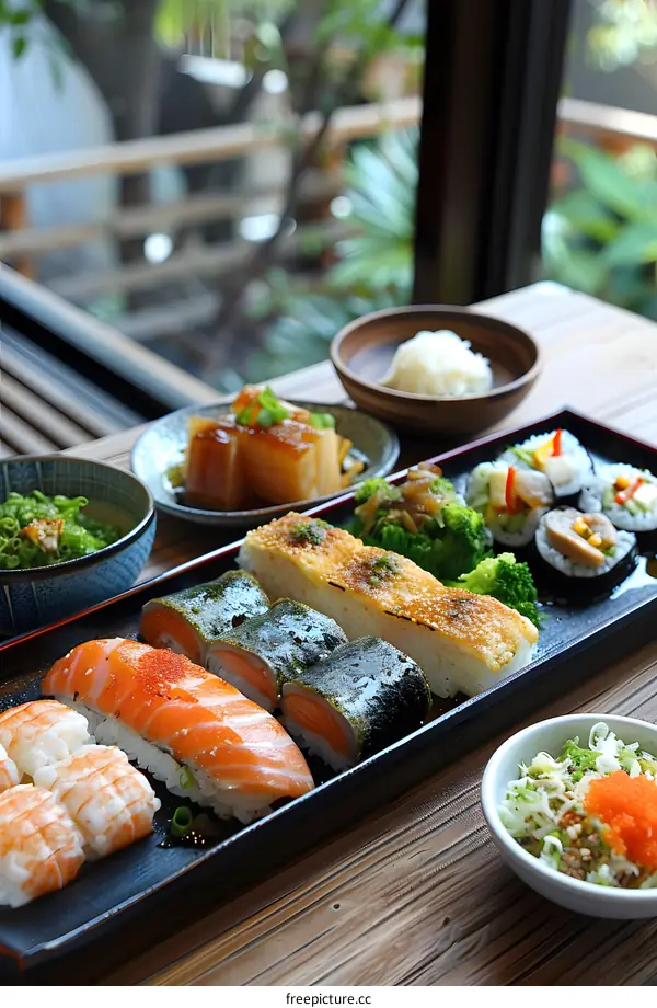 Close Up Of Sushi Rolls And Salad On Wooden Table