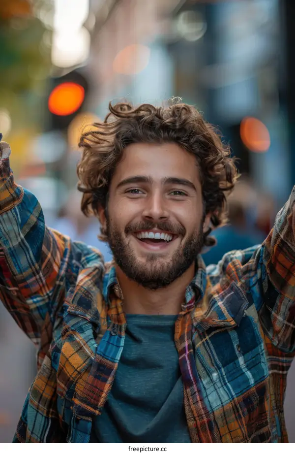 Happy Man in a Plaid Shirt on the Street