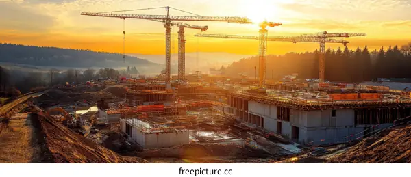 Construction Site at Sunrise with Cranes