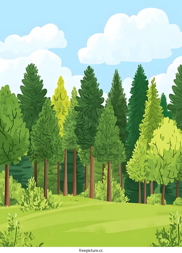 Green Forest With Tall Trees And Blue Sky