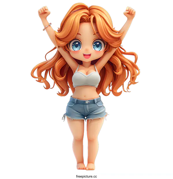 [Transparent Background PNG]Cute anime girl with orange hair and blue eyes wearing a white crop top and denim shorts