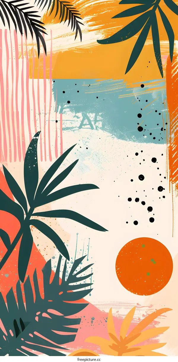 Abstract Tropical Palm Leaves and Colorful Shapes