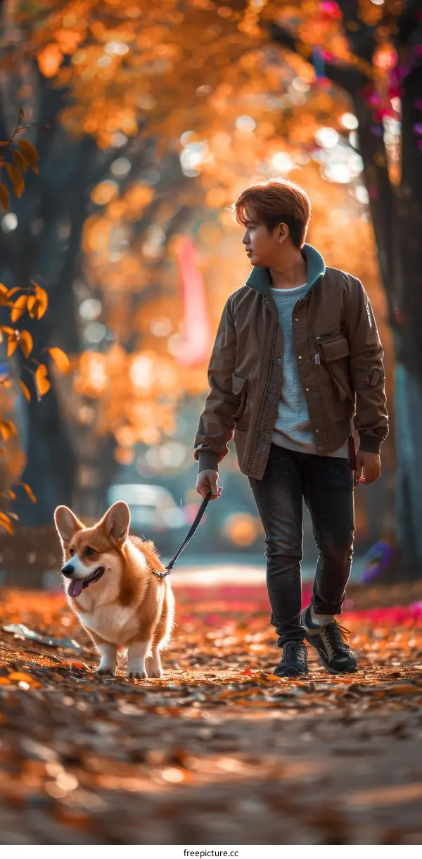 A young man walking his dog in the park