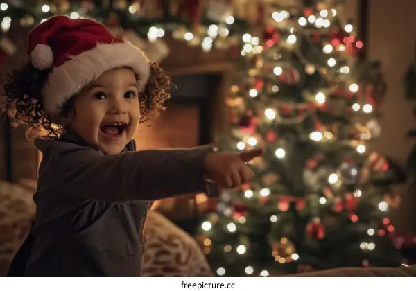 Toddler girl in Santa hat pointing at Christmas tree