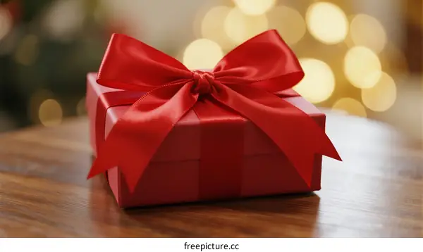 Red Gift Box with Bow on Wooden Table