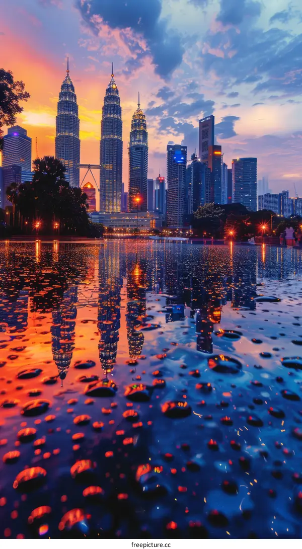 Cityscape of Kuala Lumpur City Center with reflection on the ground after rain