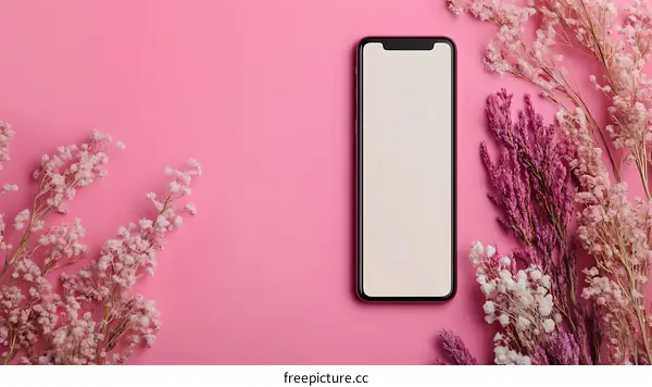 Pink Background with Smartphone and Flowers