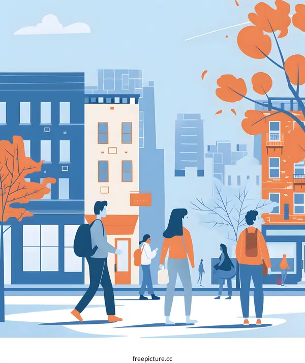 People Walking Down City Street in Autumn