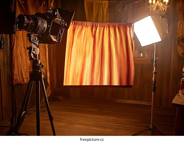 Professional Camera Setup with Tripod and Lighting Equipment in a Rustic Wooden Room