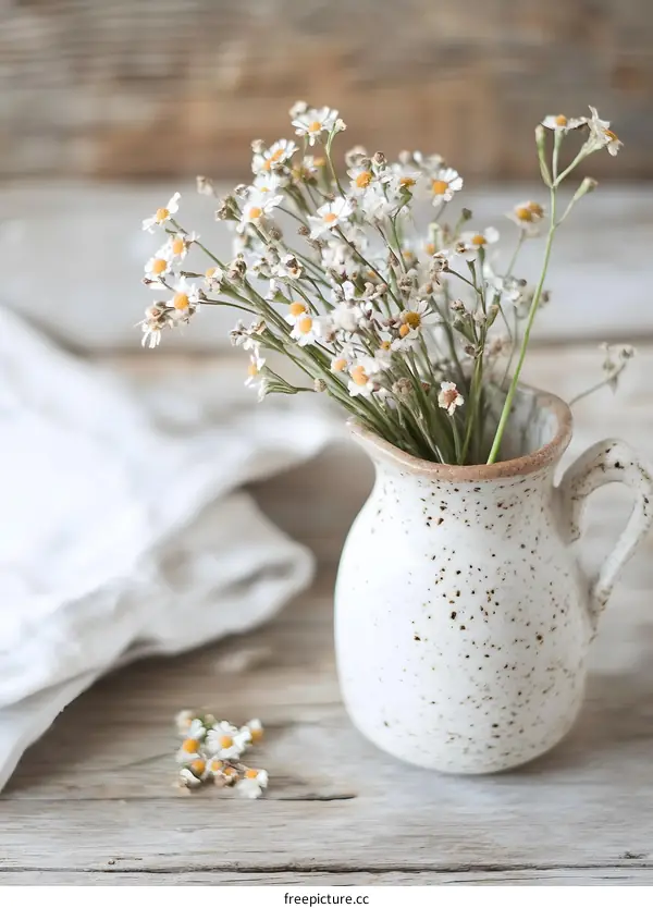 White Flowers in Ceramic Pitcher on Wooden Table
