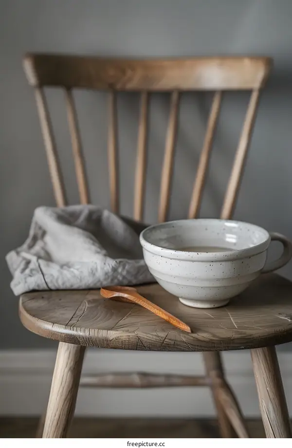 White Ceramic Cup and Wooden Spoon on a Wooden Chair