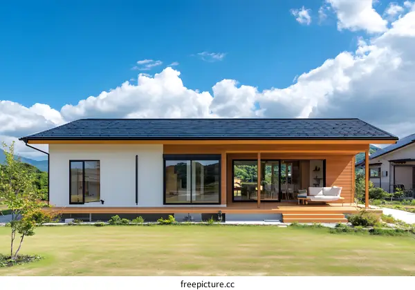 Modern Japanese Style House with Wooden Deck and Blue Sky