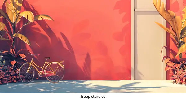 Yellow Bicycle Leaning Against a Coral Wall with Tropical Plants