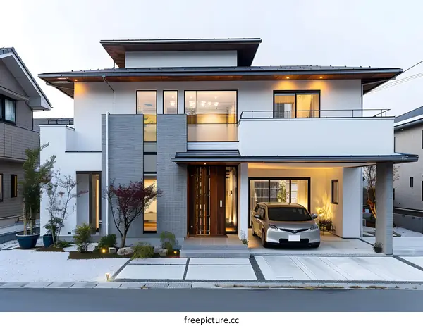 Modern Two Story House Exterior with White Walls and a Garage