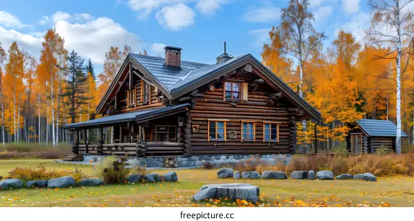 Log Cabin in the Autumn Forest