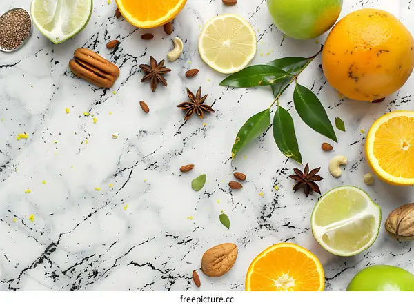 Citrus Fruits and Spices on Marble Background