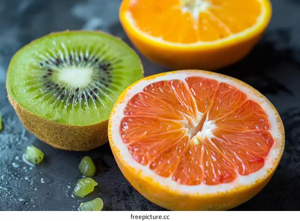 Halved kiwi, orange and blood orange