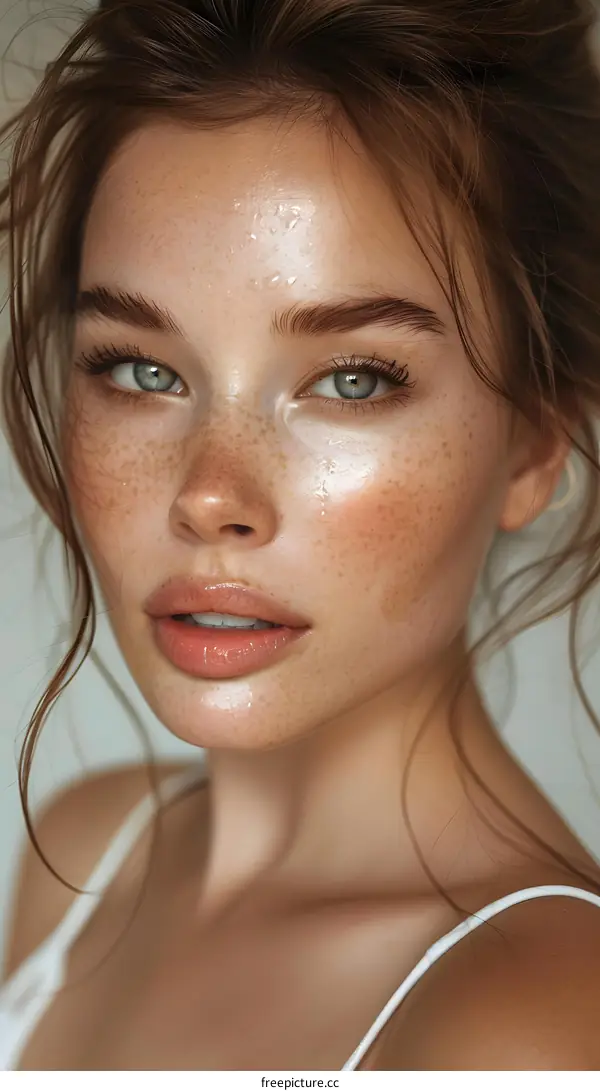 portrait of a young woman with freckles and green eyes