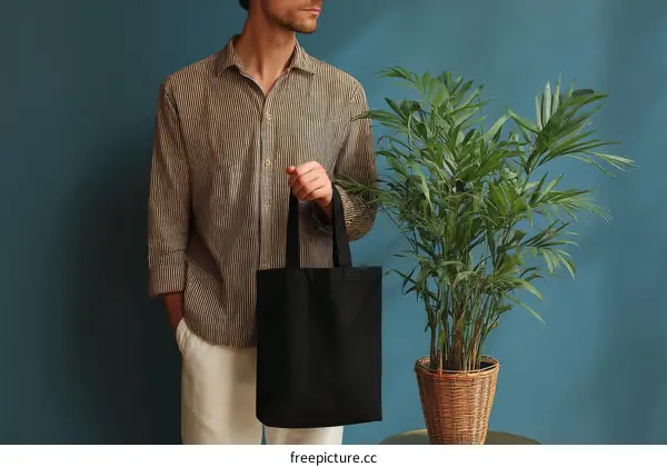 Man holding a black tote bag against a teal wall