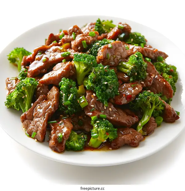 Beef and broccoli in white plate