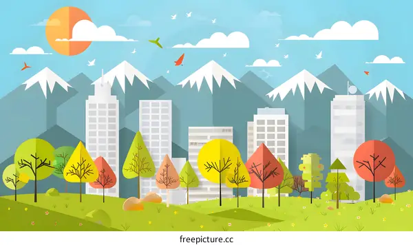 Paper Cut Style Illustration of a City with Mountains and Trees