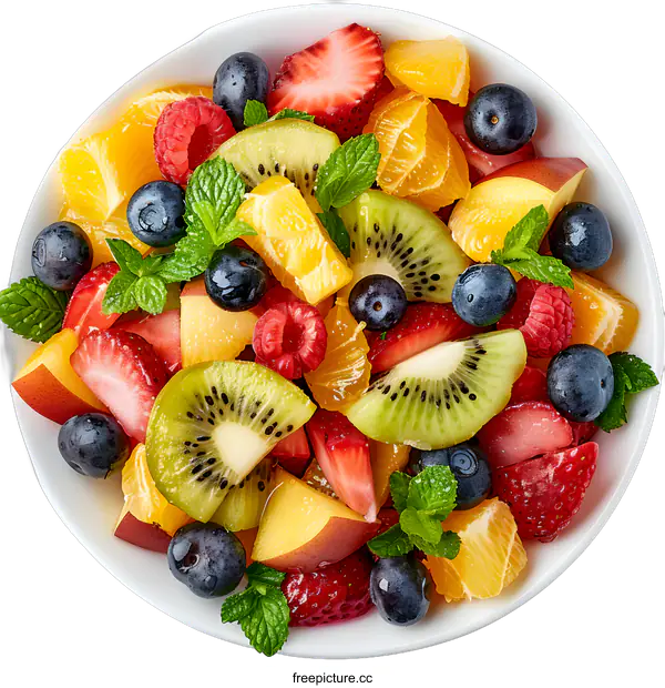 [Transparent Background PNG]A bowl of fresh and juicy fruit salad with strawberries, blueberries, raspberries, kiwi, oranges, and peaches