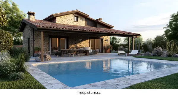 Modern Stone House with Swimming Pool and Patio