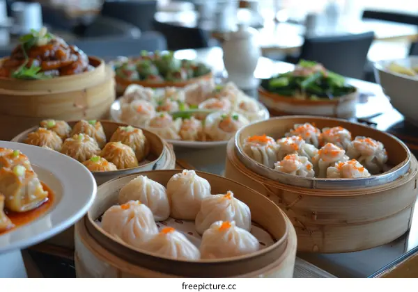 A variety of dim sum dishes are displayed in bamboo steamers and plates.
