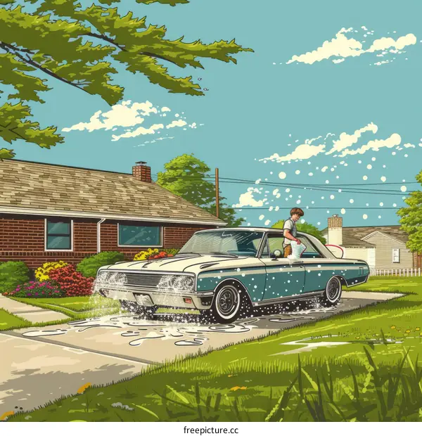 Retro 1950s illustration of a man washing his car in the driveway of his suburban home